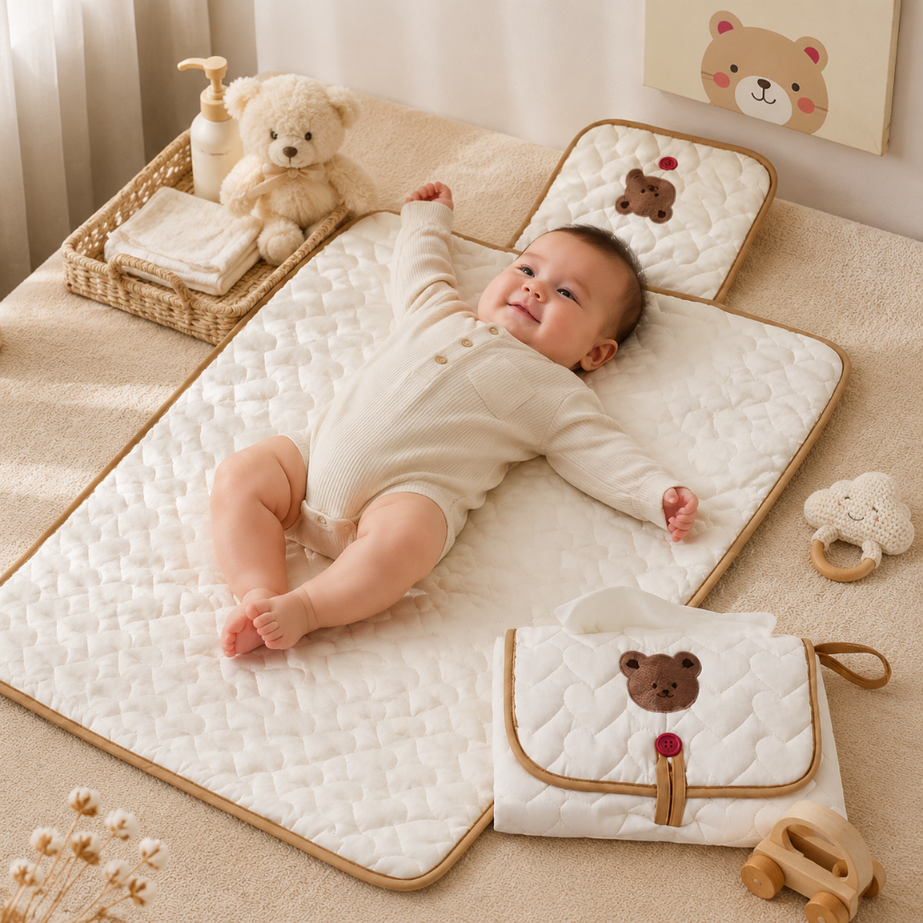 Foldable Baby Changing Mat Clutch with Storage Pockets, Bear Design