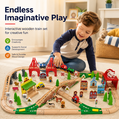Wooden Train Track Set with Bridges, Town Pieces and Storage Box