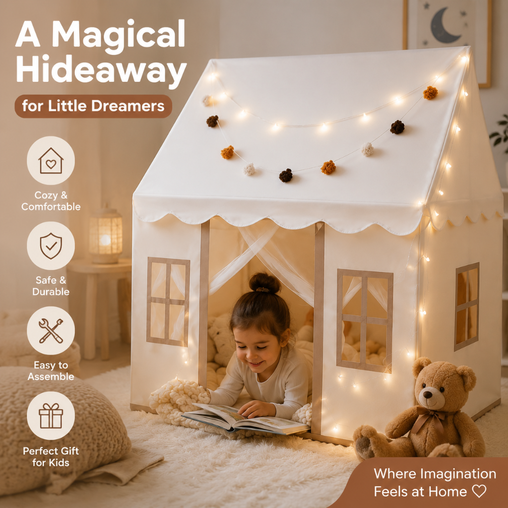 Kids Playhouse Tent with Padded Mat and Decorative Lights