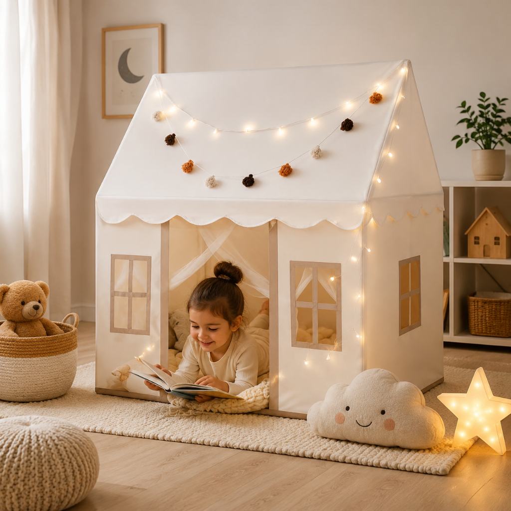 Kids Playhouse Tent with Padded Mat and Decorative Lights