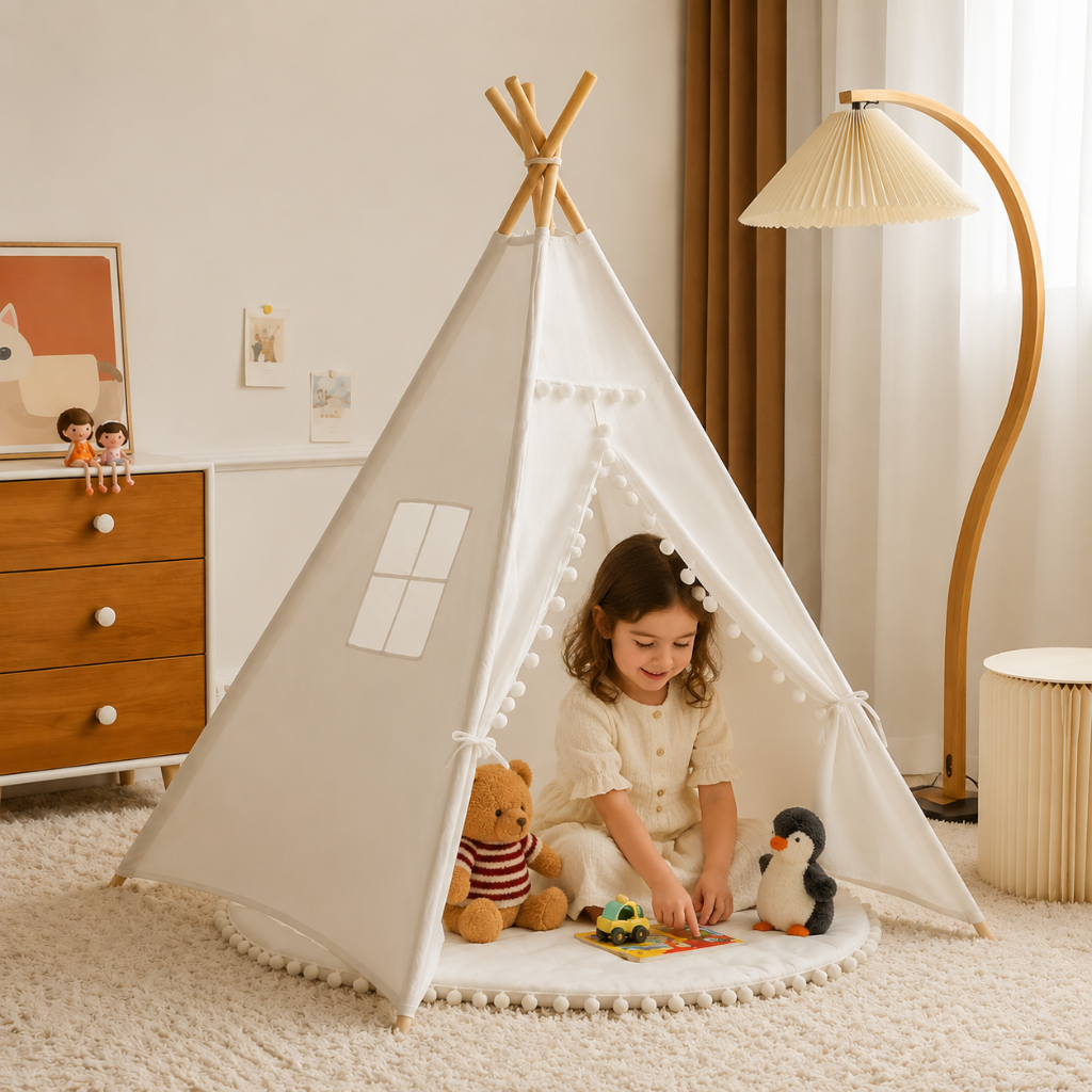 Classic Kids Teepee Play Tent with Wooden Poles and Optional Mat