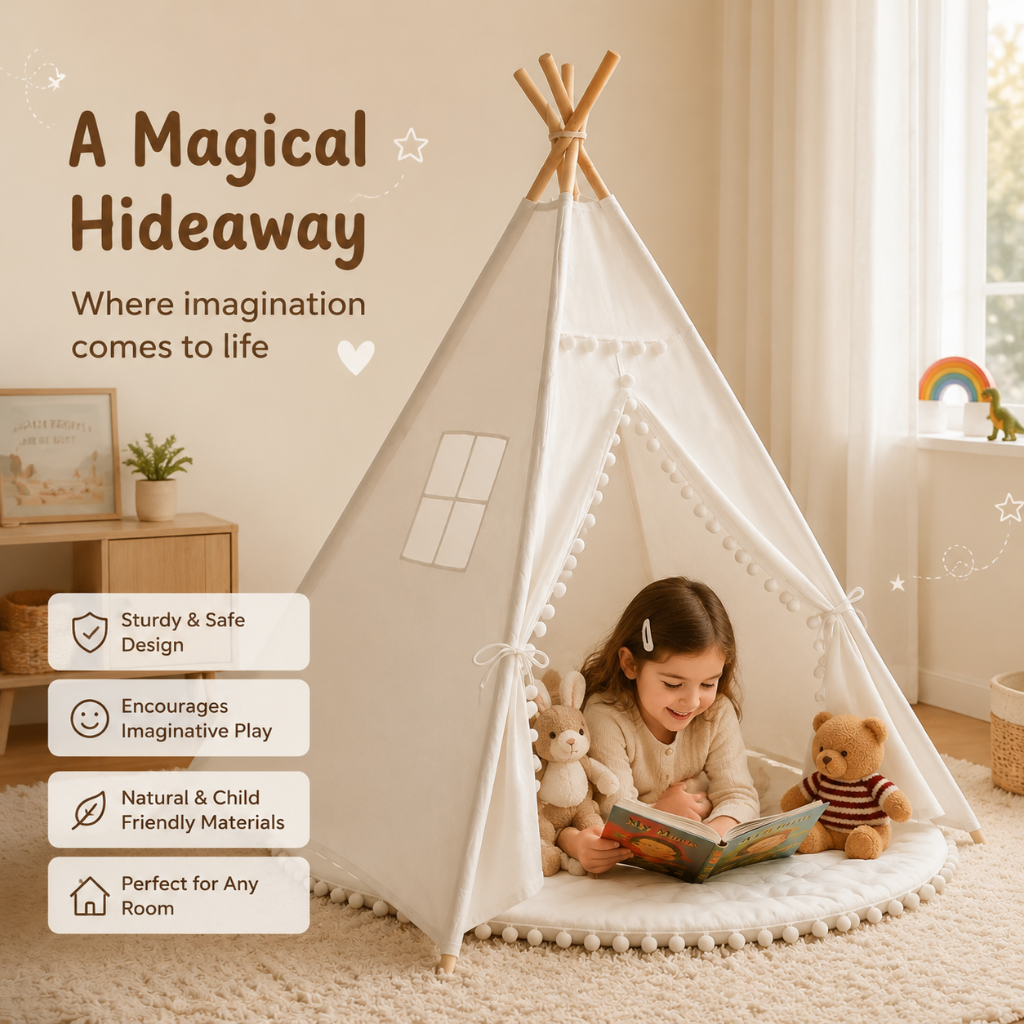 Classic Kids Teepee Play Tent with Wooden Poles and Optional Mat