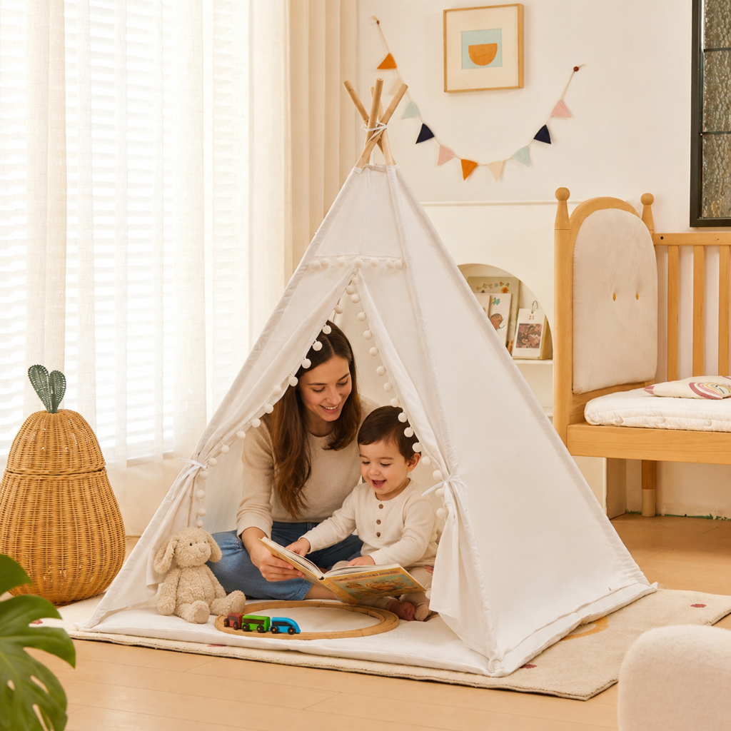Kids Cotton Canvas Teepee Play Tent with Wooden Poles