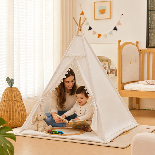 Kids Cotton Canvas Teepee Play Tent with Wooden Poles