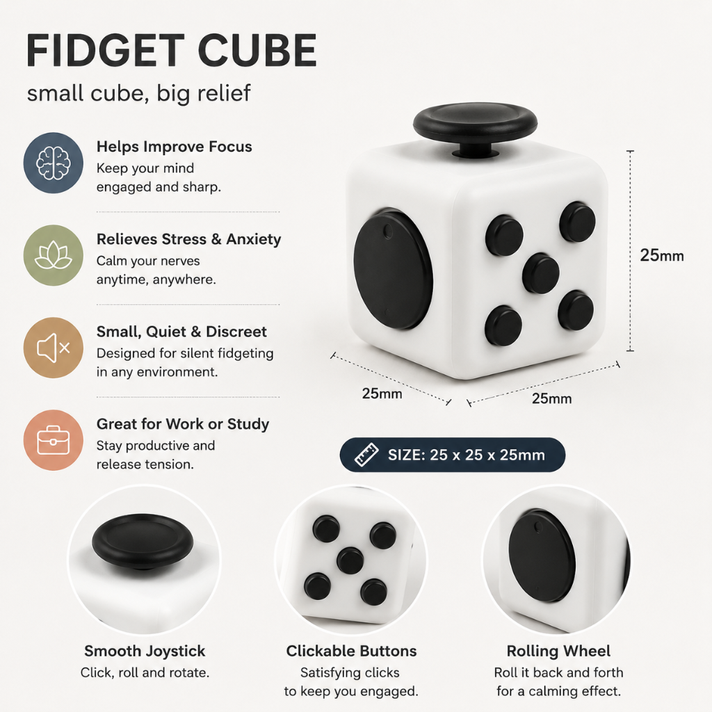 Fidget Activity Cube with Buttons, Switches and Spinning Dial, White
