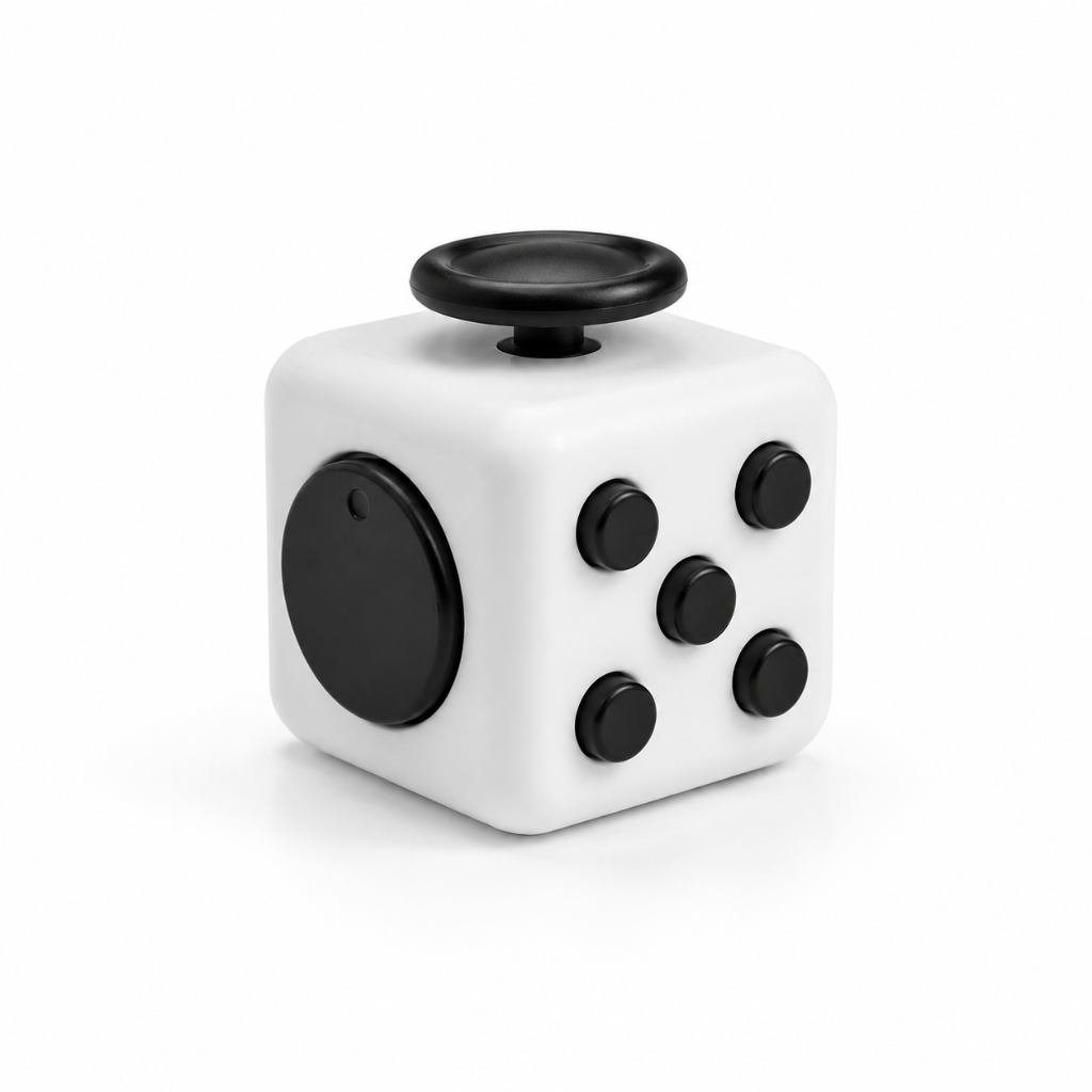 Fidget Activity Cube with Buttons, Switches and Spinning Dial, White