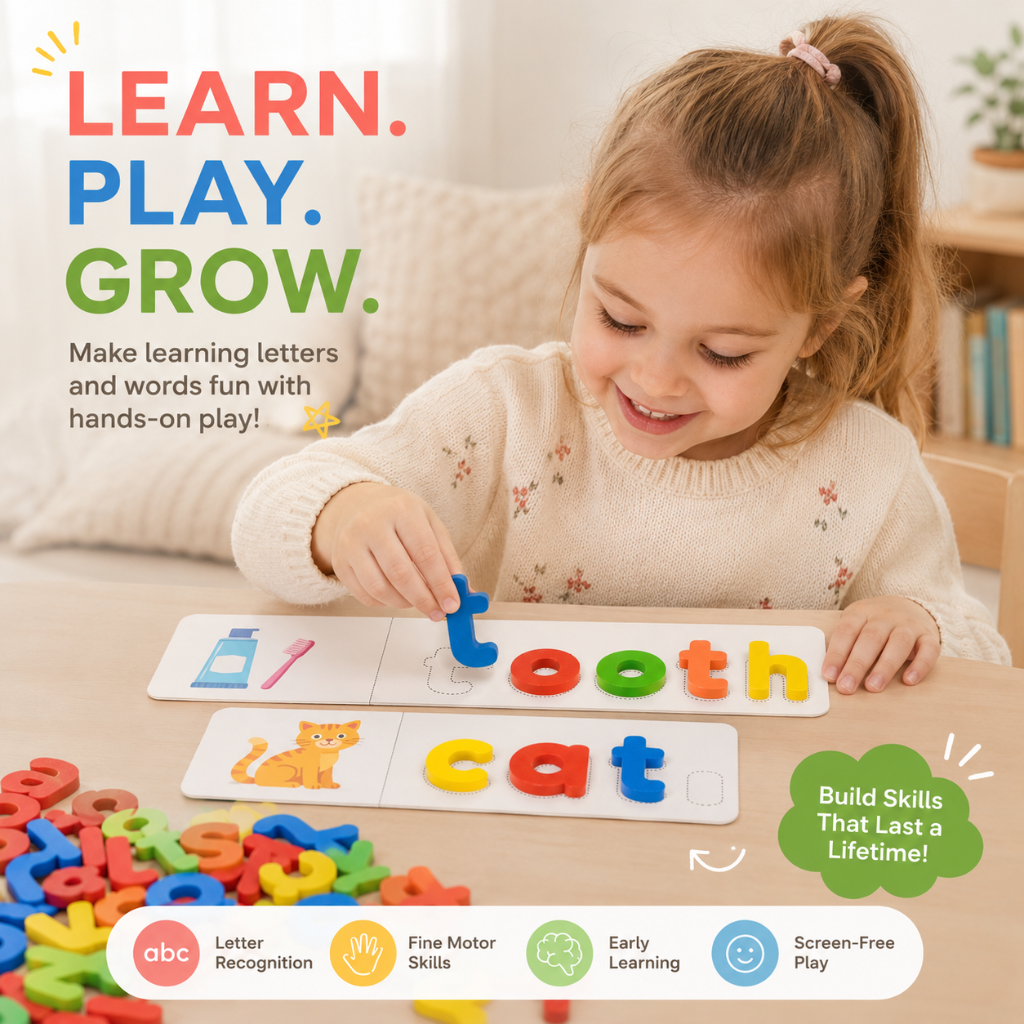 Wooden Letter Matching Spelling Game with 52 Letters and 28 Cards