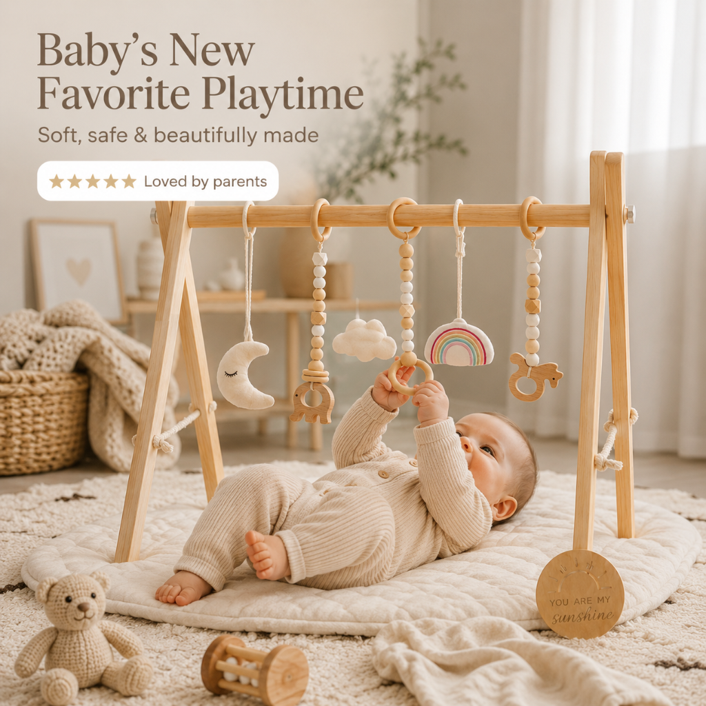 Wooden Baby Play Gym Frame with Six Hanging Toys – Natural Wood