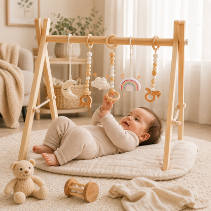 Wooden Baby Play Gym Frame with Six Hanging Toys – Natural Wood