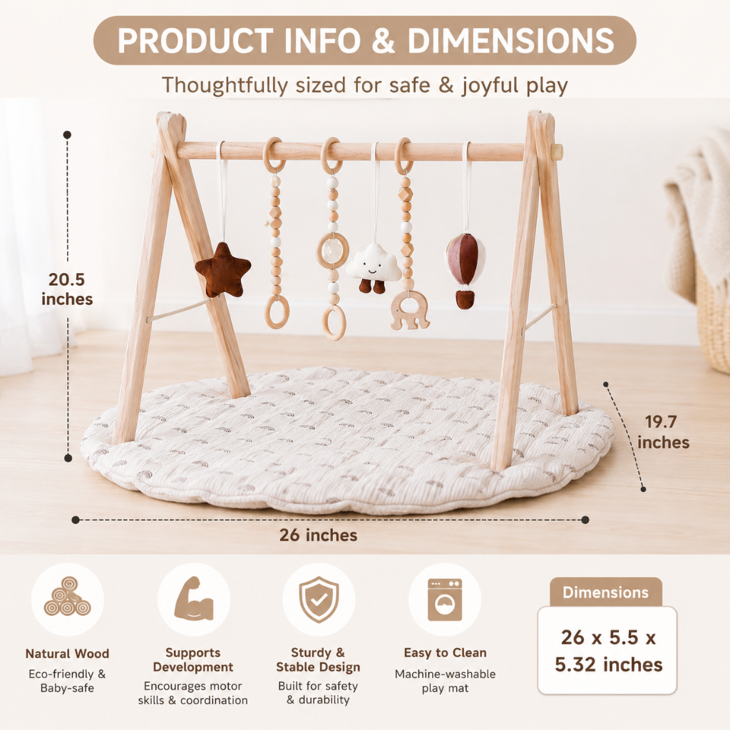 Wooden Baby Play Gym with Rainbow Activity Mat and Hanging Toys