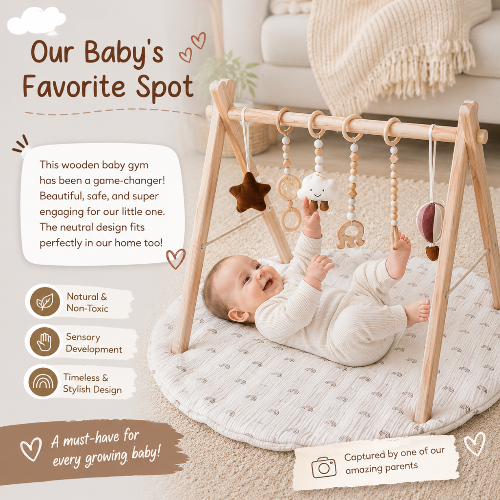 Wooden Baby Play Gym with Rainbow Activity Mat and Hanging Toys