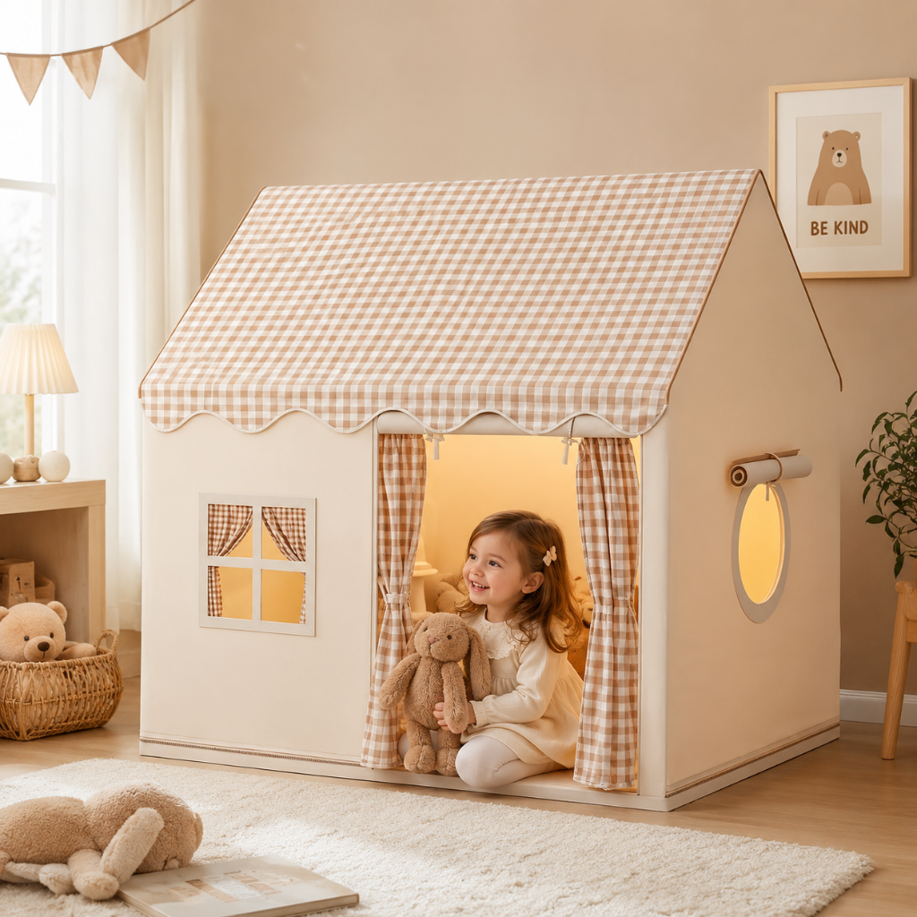 Kids Playhouse Tent with Three Windows, Khaki Plaid