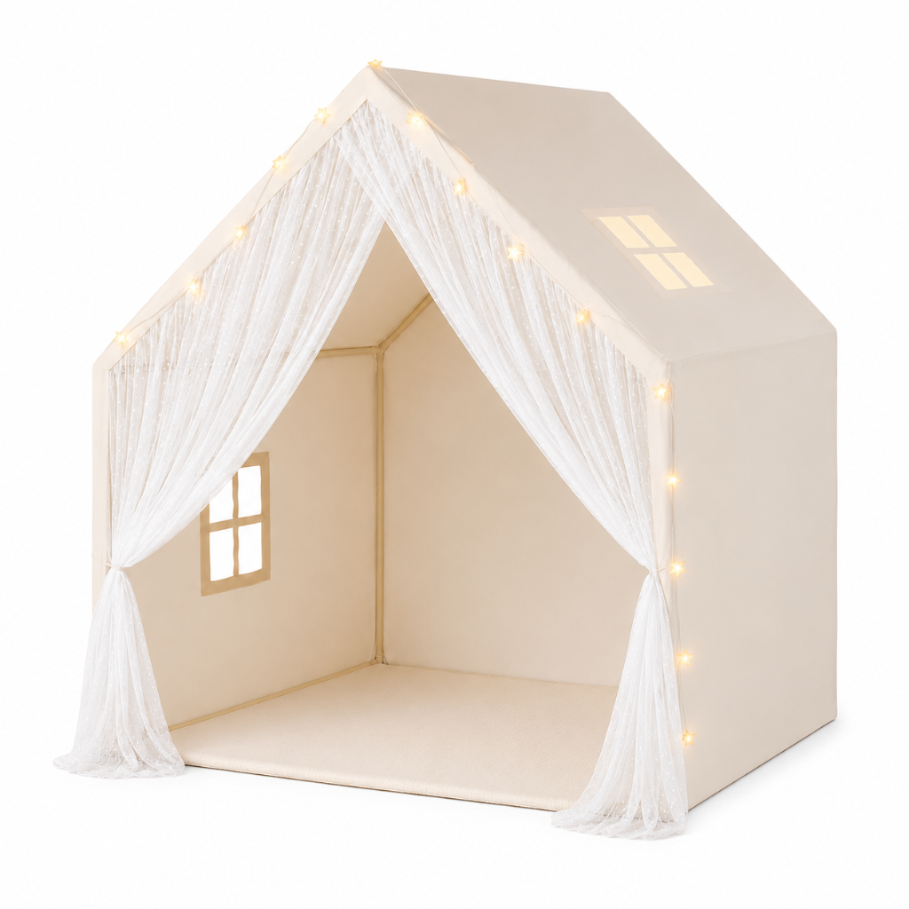 Lace Kids Play Tent with LED String Lights, Cream