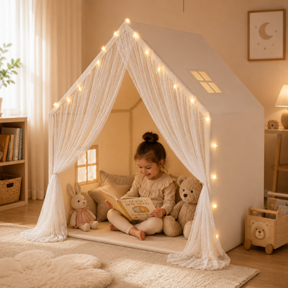 Lace Kids Play Tent with LED String Lights, Cream