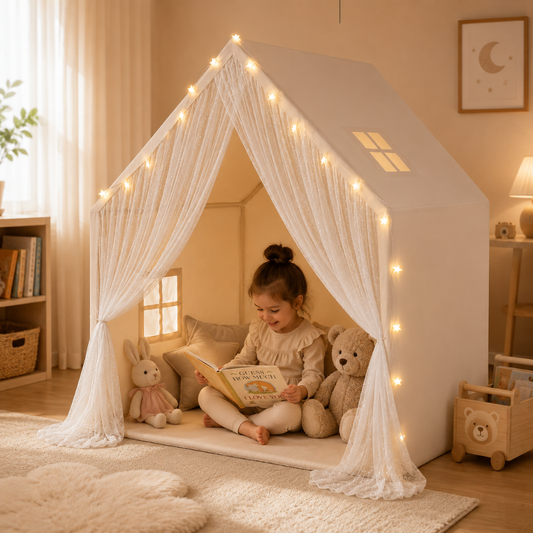 Lace Kids Play Tent with Warm String Lights, Beige
