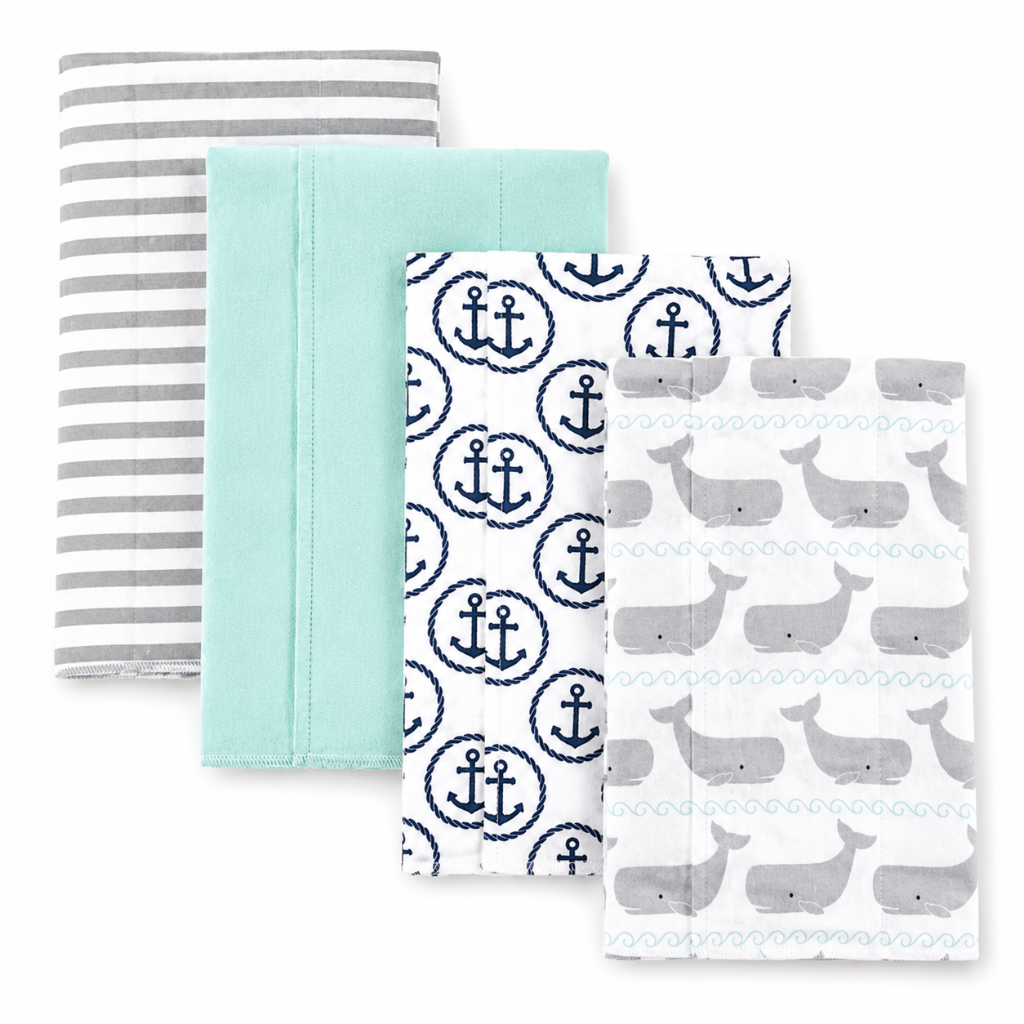 Flannel Cotton Burp Cloth Set of 4 with Whale Print