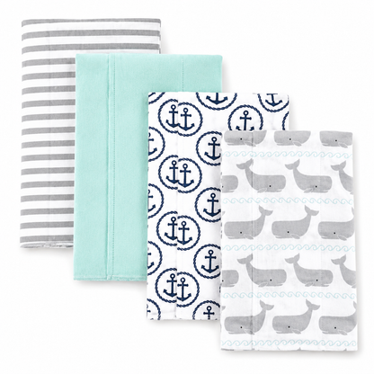 Flannel Cotton Burp Cloth Set of 4 with Whale Print