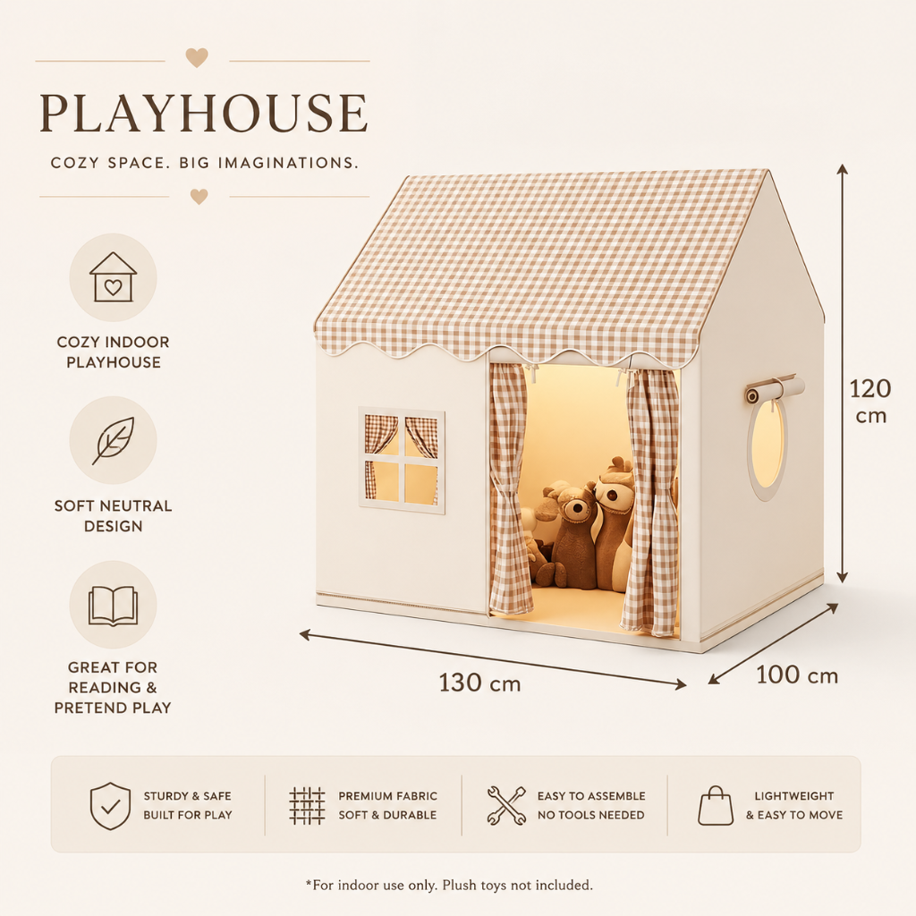 Kids Playhouse Tent with Three Windows, Khaki Plaid
