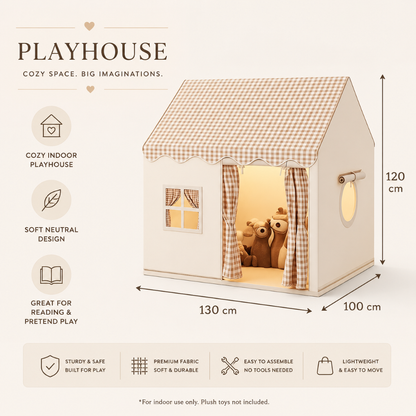 Kids Playhouse Tent with Three Windows, Khaki Plaid