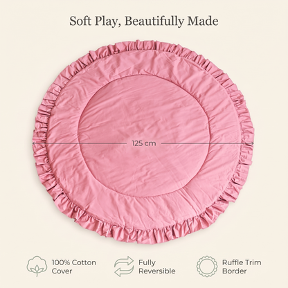 Reversible Round Quilted Cotton Play Mat with Ruffle Trim – Rose, 125 cm
