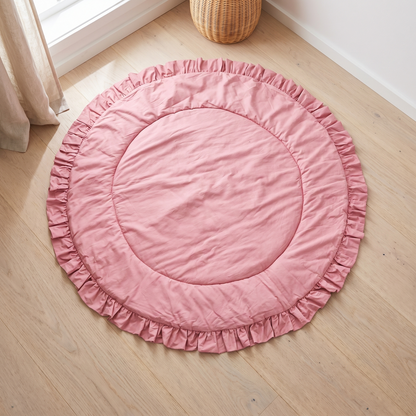 Reversible Round Quilted Cotton Play Mat with Ruffle Trim – Rose, 125 cm