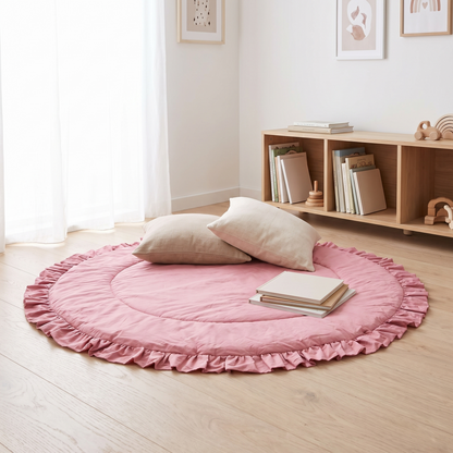 Reversible Round Quilted Cotton Play Mat with Ruffle Trim – Rose, 125 cm