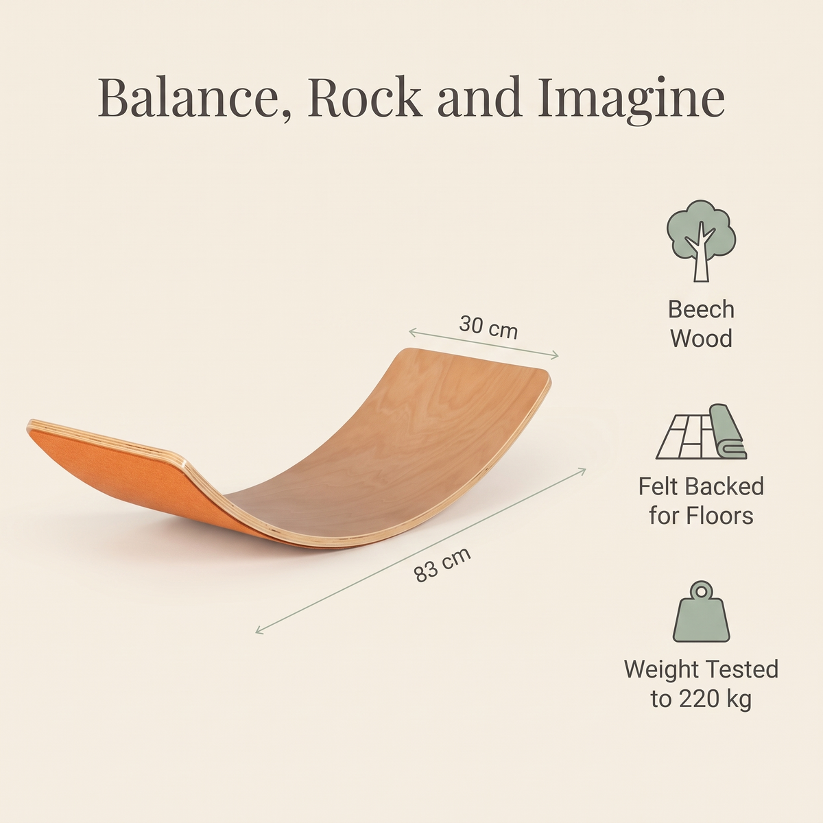 Wooden Balance Board with Felt Backing, Red Brick – 83 cm