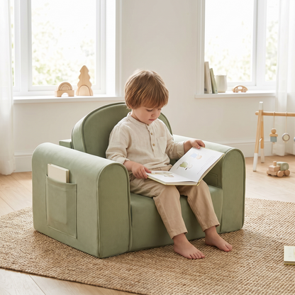 Kids Foam Chair That Folds Out into a Lounger, with Side Pockets – Sage