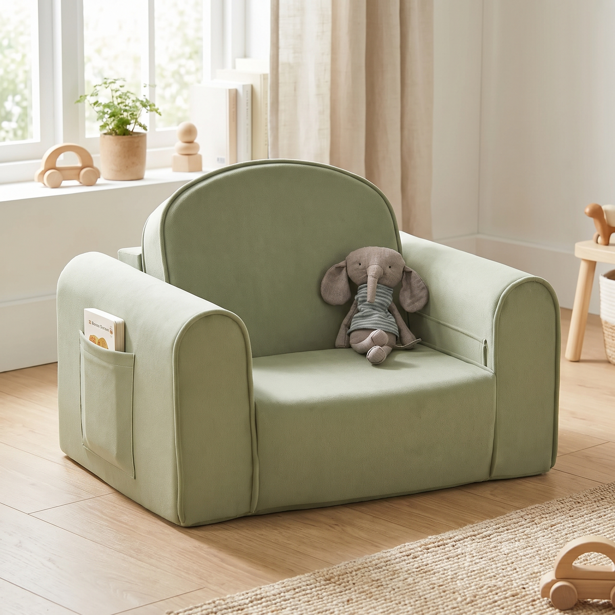 Kids Foam Chair That Folds Out into a Lounger, with Side Pockets – Sage
