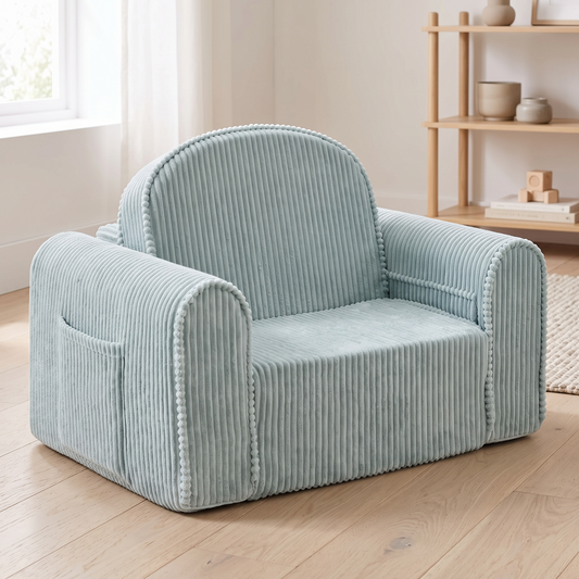 Corduroy Kids Chair That Folds Out into a Lounger, with Side Pockets