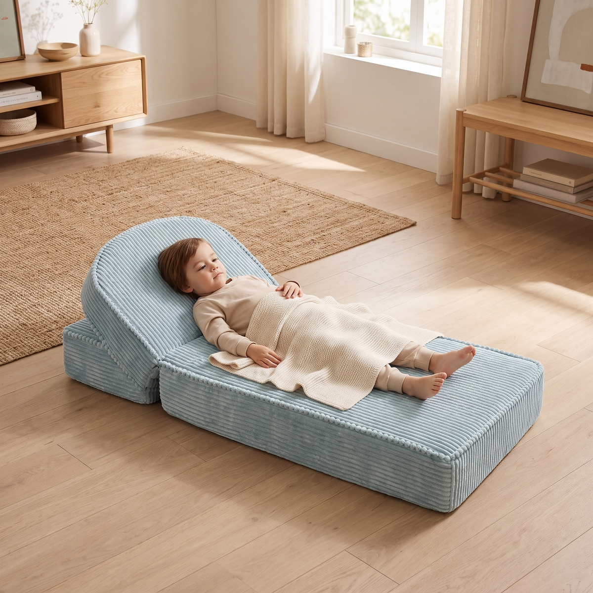 Corduroy Kids Chair That Folds Out into a Lounger, with Side Pockets