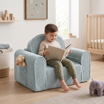 Corduroy Kids Chair That Folds Out into a Lounger, with Side Pockets
