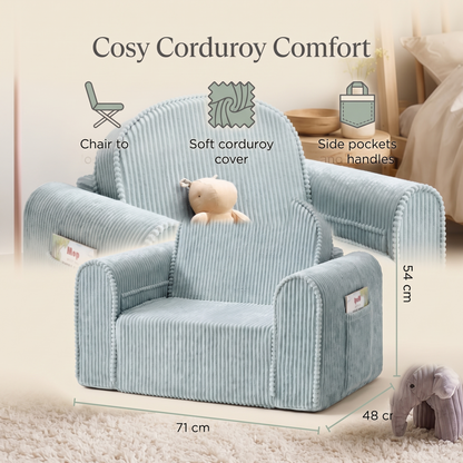 Corduroy Kids Chair That Folds Out into a Lounger, with Side Pockets