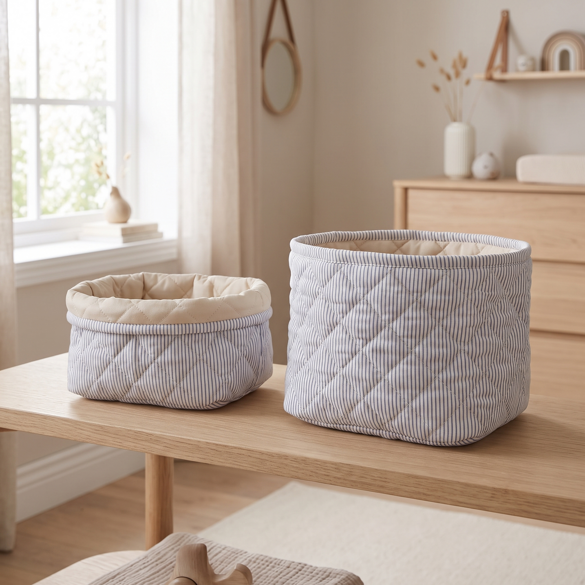 Quilted Cotton Storage Baskets, Set of 2 – Blue Stripe and Praline