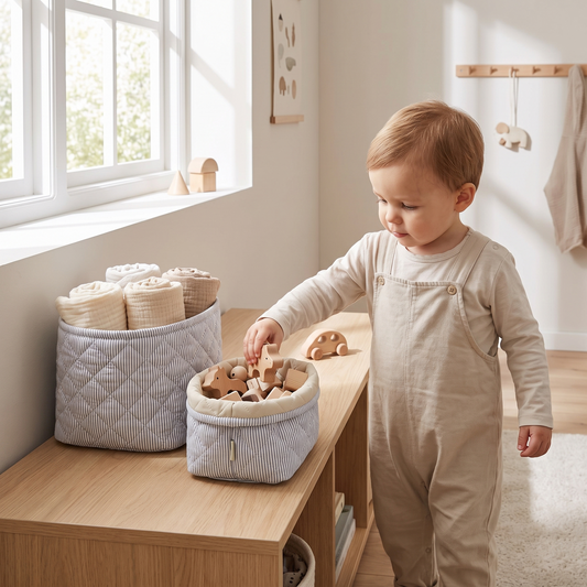 Quilted Cotton Storage Baskets, Set of 2 – Blue Stripe and Praline