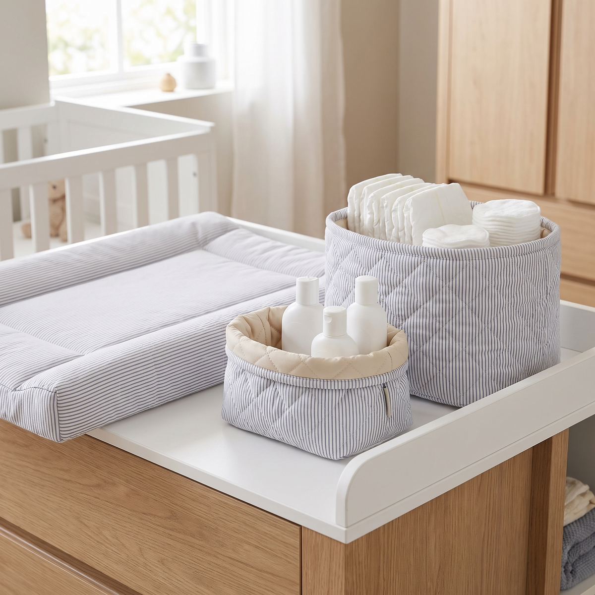 Quilted Cotton Storage Baskets, Set of 2 – Blue Stripe and Praline