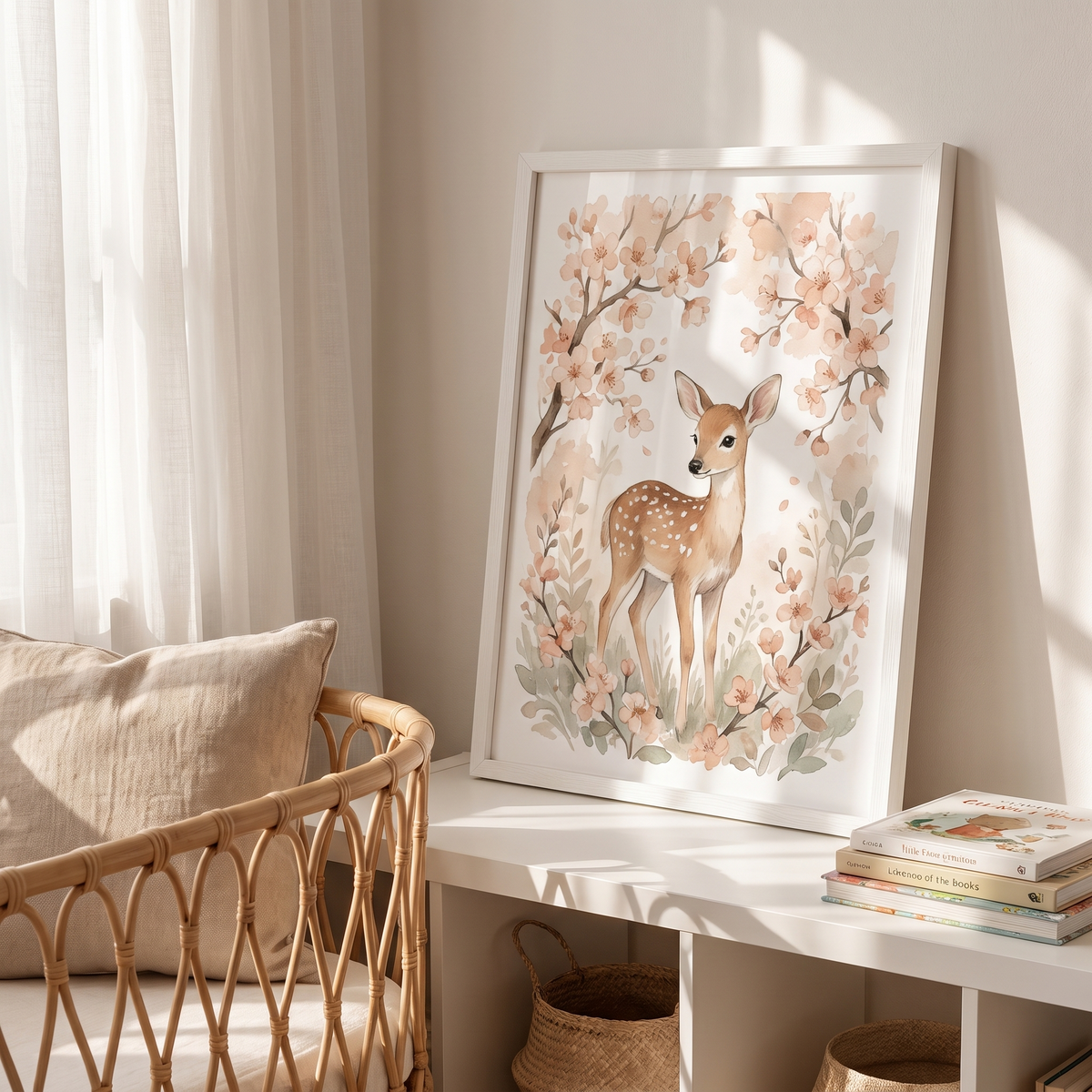 Deer Wall Art Print with Cherry Blossom, Pastel Watercolor