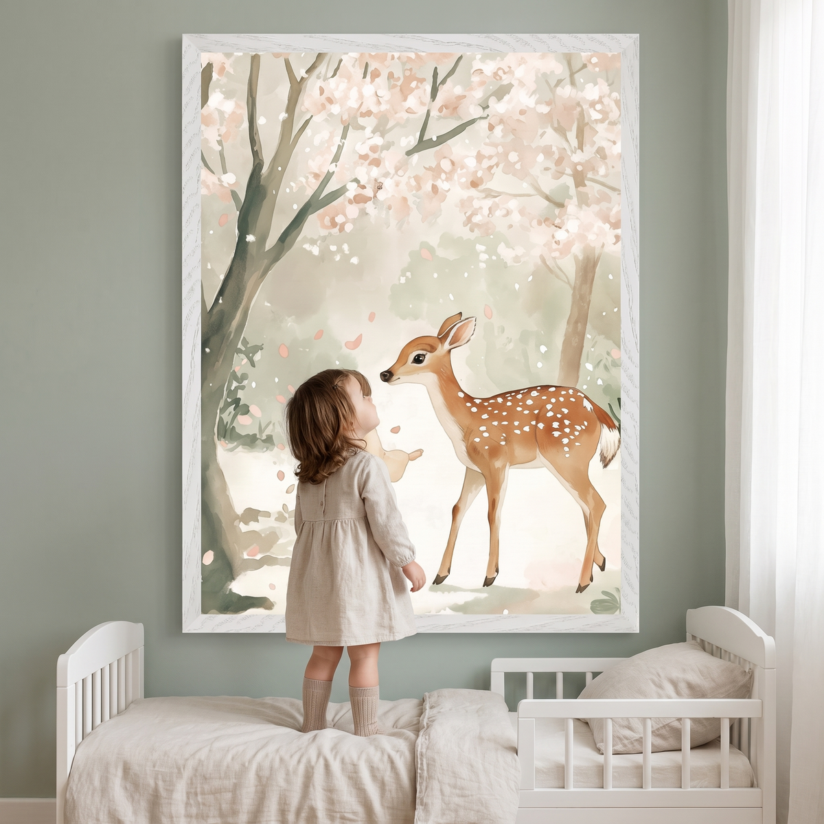 Deer Wall Art Print with Cherry Blossom, Pastel Watercolor