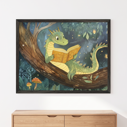 Reading Dragon Wall Art Print with Enchanted Forest, Green and Gold