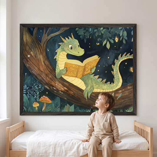 Reading Dragon Wall Art Print with Enchanted Forest, Green and Gold