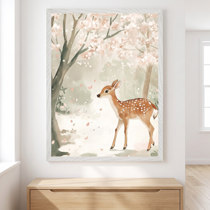 Deer Wall Art Print with Cherry Blossom, Pastel Watercolor