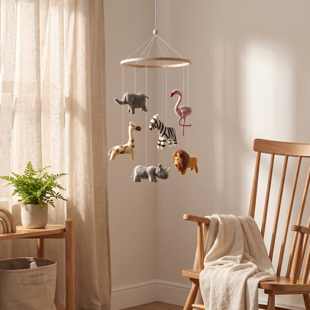 Wool Felt Nursery Mobile with Safari Animals, Natural Wood