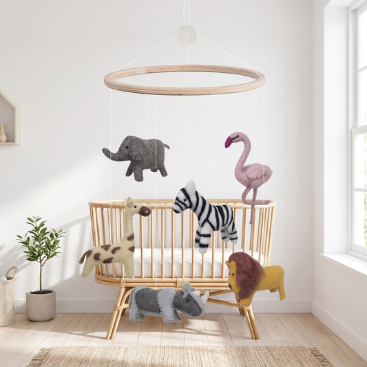 Wool Felt Nursery Mobile with Safari Animals, Natural Wood