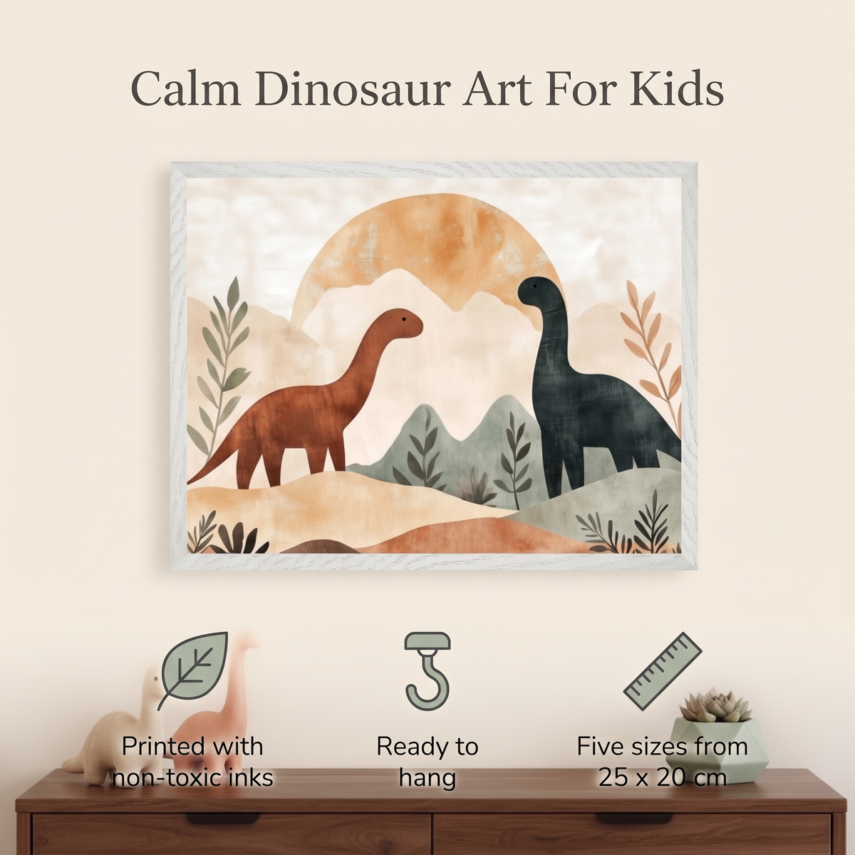 Dinosaur Wall Art Print with Mountain Sunset – Brown, Orange and Sage