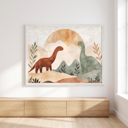 Dinosaur Wall Art Print with Mountain Sunset – Brown, Orange and Sage
