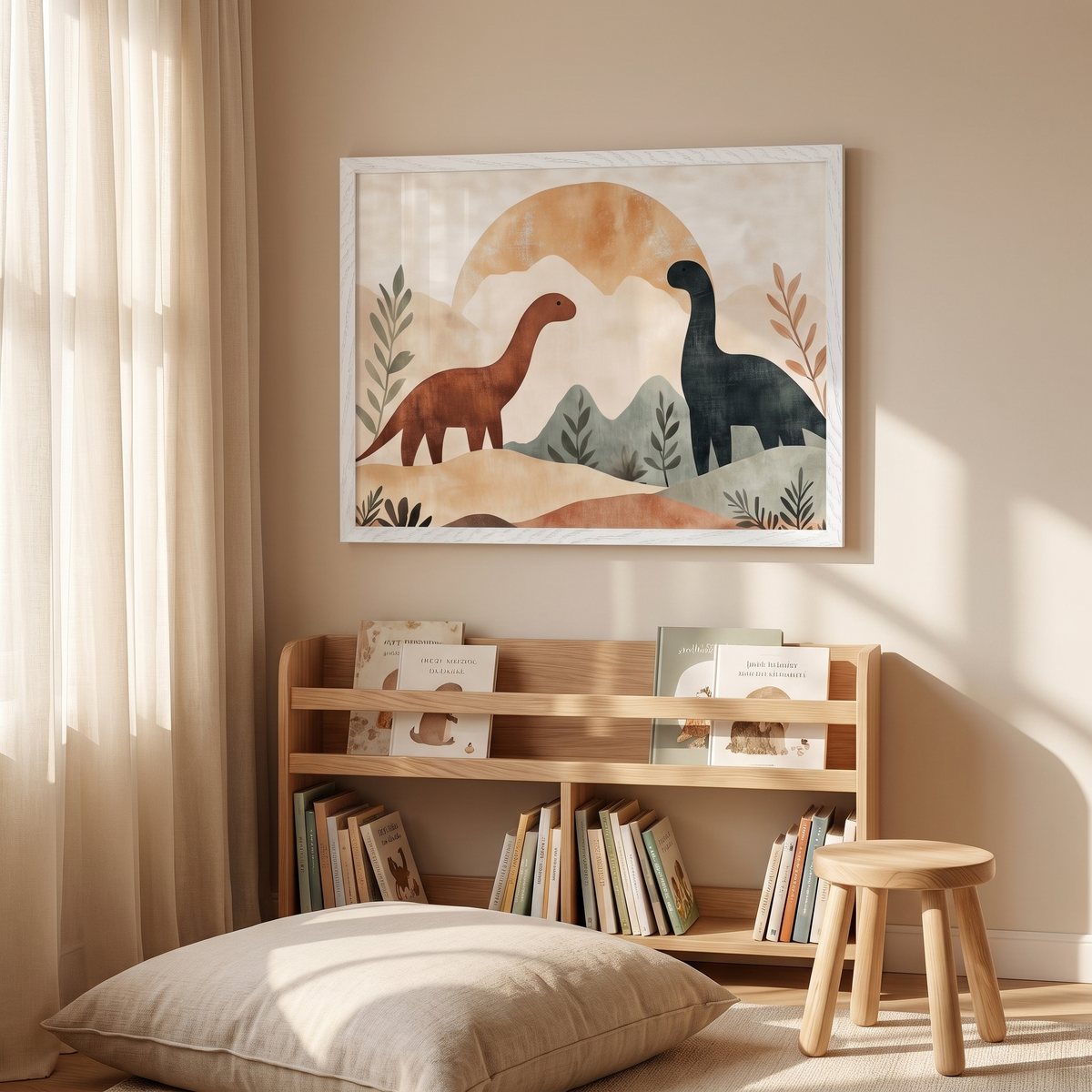 Dinosaur Wall Art Print with Mountain Sunset – Brown, Orange and Sage