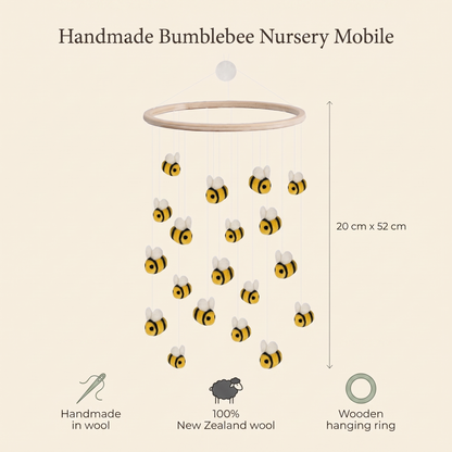 Wool Felt Nursery Mobile with Bumblebees, Natural Wood