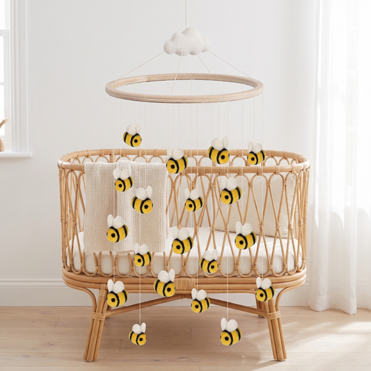 Wool Felt Nursery Mobile with Bumblebees, Natural Wood