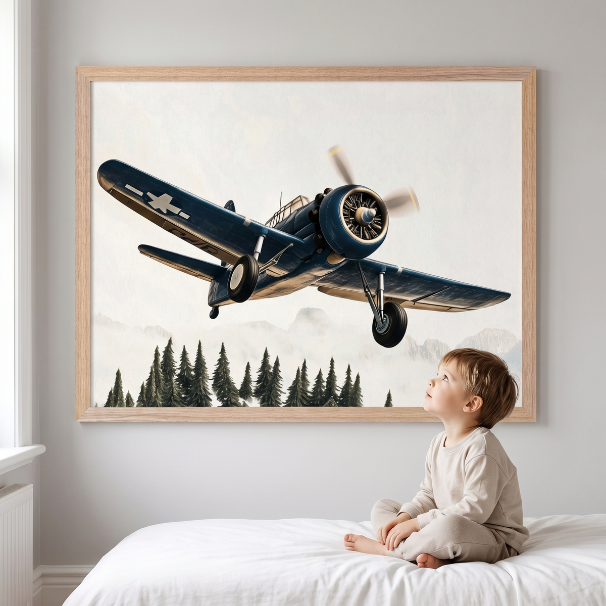 Airplane Wall Art Print with Mountain Pines, Navy Blue
