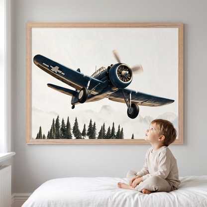 Airplane Wall Art Print with Mountain Pines, Navy Blue